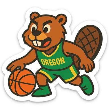 beaver mascot dribbling a basketball, Oregon team uniform green and yellow, vibrant toon style sticker