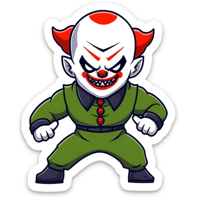 evil clown warrior, bald, very short black devil-like horns on forehead, fangs, pointed ears, black and military green leisure suit, realistically proportioned, bulky and muscular human body, full body visible, battle-ready fighting posture sticker