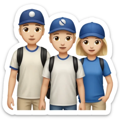 iOS emoji style. 2 adult friends and a young teenager wearing a baseball hat walking and talking.  sticker