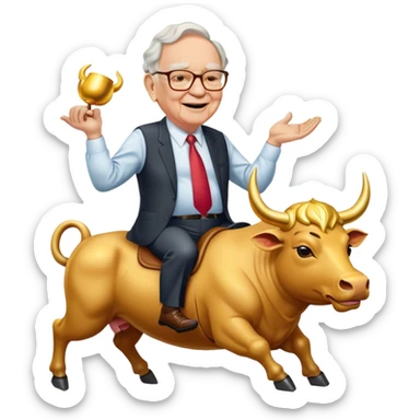 happy Warren Buffet riding golden bull sticker