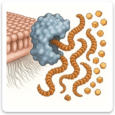 Ultra-detailed illustration of enzyme digestion: amylase breaking starch into sugars near a cell membrane. Clean white background, no text. Scientific but simple sticker