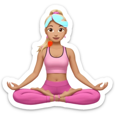 Mujer color de piel moreno claro con cabello rubio suelto y lacio y largo, que tenga gloss en los labios y se vea usando Blush rosita, usando un top rosa deportivo y leggins deportivo rosa en una pose de yoga sentada, viendo hacia enfrente con ojos negros y sonriendo sin mostrar los dientes sticker