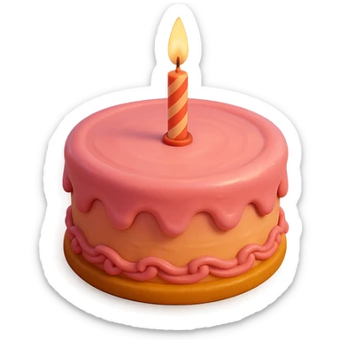 Draw a Pixar-style birthday cake with pink frosting and a single candle. The cake should be visible from the front and top. sticker