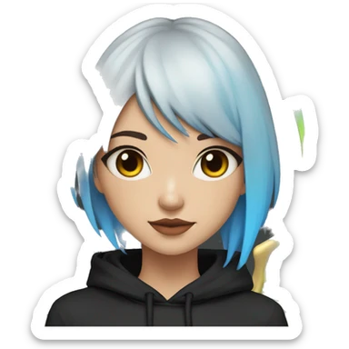 Lady with brunette and iridescent blue hair, gold, lime green dragon wings, black hoodie, bleach dyed, black and gold Nike t shirt, and bright red eyes sticker