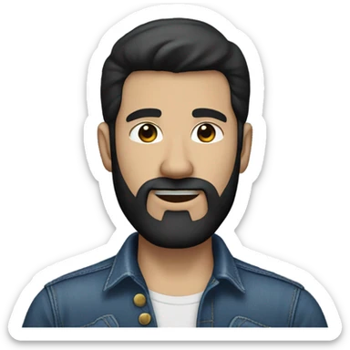 person with a black beard. No moustache. White skin tone. Nice black hair. Denim dark blue shirt sticker