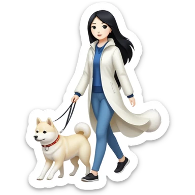 A woman with long black hair walks a white Shiba Inu sticker