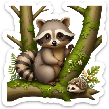 Collage of an exotic raccoon and a hedgehog, both curiously exploring a forest setting with moss and small flowers. The raccoon is perched on a tree branch, and the hedgehog is nestled in the underbrush. Vibrant nature backdrop. Transparent background. sticker