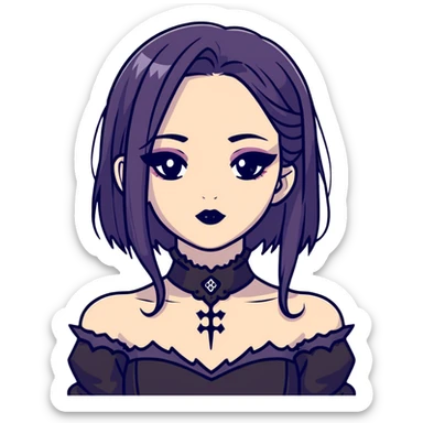 gothic girl with wide shoulders, small chest, dark makeup, black clothing sticker