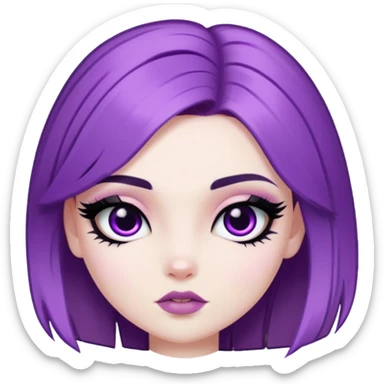 purple hair, pale skin, dark black eyes, pretty bratz baddie, black eyeliner, blush sticker