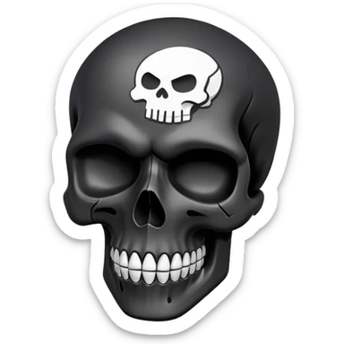 smooth black skull with rebellious graffiti and brand logos, slightly tilted angle sticker