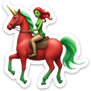 a green amazon alien woman, on a four-legged red unicorn sticker