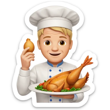 Gordon Ramsay cheerful, showing off a perfectly cooked chicken on a plate, chef uniform sticker