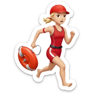Female lifeguard – red cap, running along shore with rescue buoy sticker