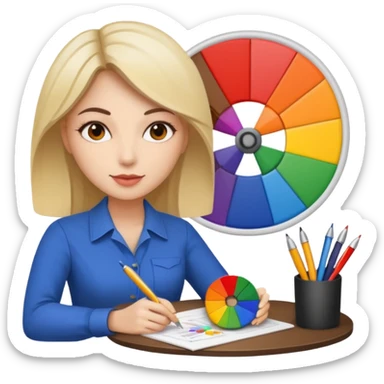 female graphic designer , color wheel, pens, papers sticker