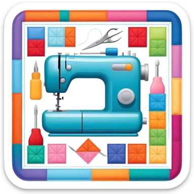 Patchwork and quilting icon, colorful fabric patches sewn together in a quilt pattern, sewing needle and thread, quilting tools like rotary cutter and quilting hoop, minimalistic style, clean lines, transparent background. sticker