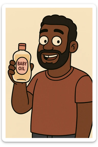 A Black man holding a bottle of baby oil, cartoon style, friendly expression, simple background sticker