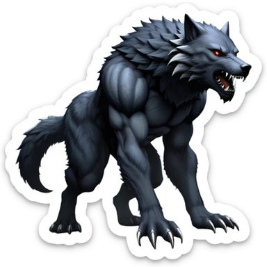 cinematic-noble-fierce-werewolf-full body on all fours-emoji, poised-and-imposing, with a tall, lean, and muscular wolfish frame inspired by the brutal, imposing shape of the beast from Berserk, fur rippling in shades of midnight black and silver, massive paws with razor-sharp claws, elongated limbs and fangs, eyes glowing with an intense, primal ferocity, reflecting the untamed power of the wild moonlit night; rendered with realism like a wolf hunched over battle ready pose ready to attack sticker