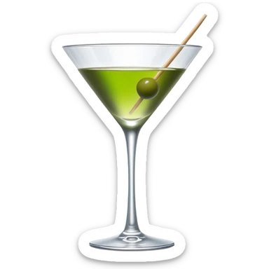 martini glass with absolutely clear water-like liquid, no color tint whatsoever, completely transparent, with a single green olive at the bottom on a wooden toothpick sticker