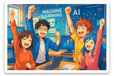équipe IA et machine learning célébrant la fin d'un sprint de deux semaines, ambiance joyeuse, membres souriants, éléments technologiques comme ordinateurs et graphiques, style anime, couleurs vives sticker