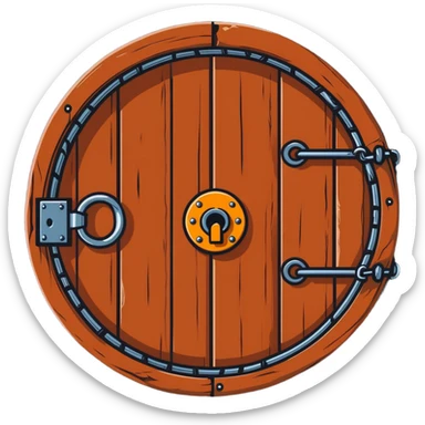A rusty chain wrapped tightly around a round wooden hobbit-style door with a large padlock sticker