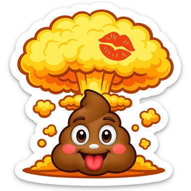 Add a big, cheerful poop nuke explosion behind the poop with a kiss mark, keeping it funny and lighthearted, no background. sticker