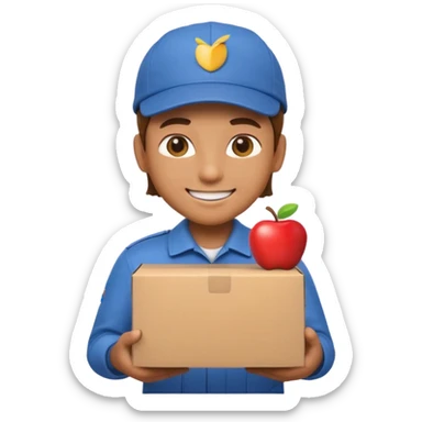 3D Apple-style emoji of a delivery worker holding a cardboard package. Wearing a cap and uniform shirt, smiling expression. Rounded, glossy, smooth, soft shadows, white background.




 sticker