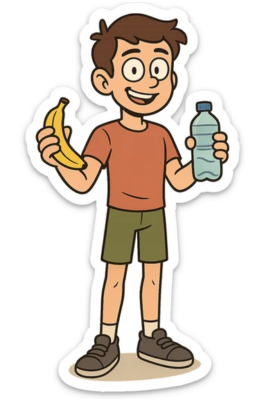 The full body of a young boy who is fit and healthy holding a banana and a drinking bottle of water sticker