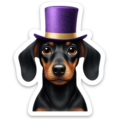 A black dachshund in a New Year's hat sticker