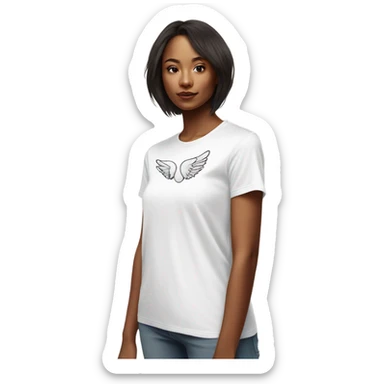 womans white t shirt with small drawing of wings on the front sticker