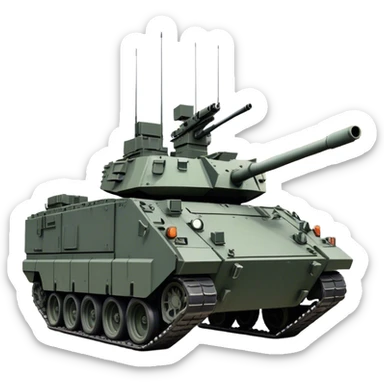 Stryker M1126 (2020) – Cinematic-realistic Stryker M1126 armored personnel carrier, its dark grey-green hull speeding down a war-torn street. The eight large wheels grip the cracked pavement as infantry hunker inside, the turret-mounted .50 cal machine gun scanning rooftops for threats under the eerie glow of distant fires. sticker