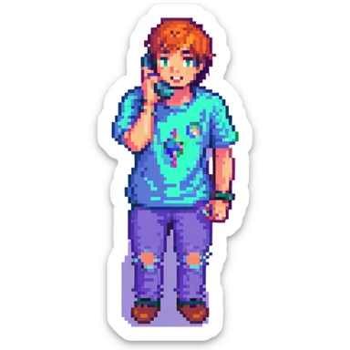 MrBeast in pixel art, talking on a phone, energetic pose sticker