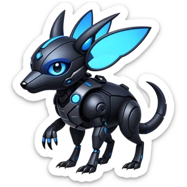 Modern futuristic black dark cyberpunk-fakemon-animal-creature with blue accents sticker
