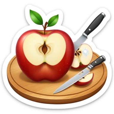 A round wooden board with a whole apple and several slices on it and knife, with sparkles sticker