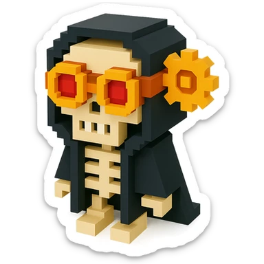 a skeleton man in a black cloak with steampunk goggles and gears, voxel style sticker