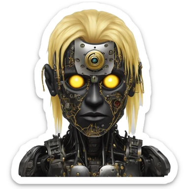 black metal male cyborg head with artificial eyeball, circuitry and wispy yellow gold hair sticker