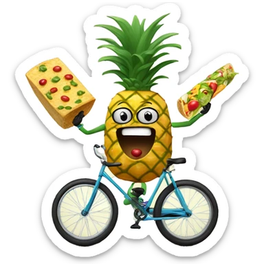 A pineapple with googly eyes, wearing a monocle, riding a unicycle while juggling tacos. sticker
