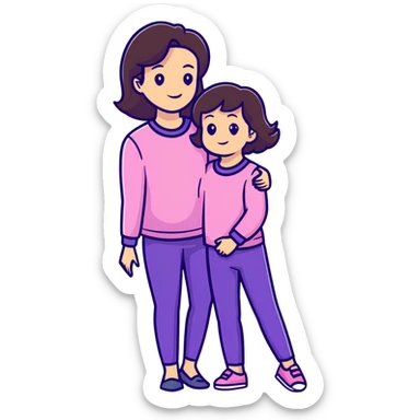 A brunette mom, with her little brunette daughter Mom, wearing purple daughter wearing pink sticker