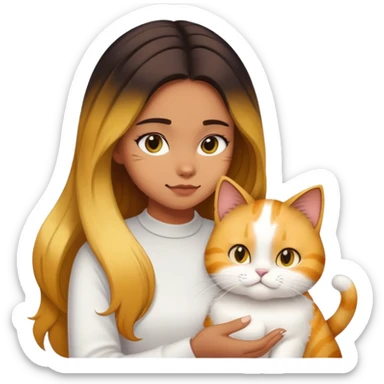 Girl with yellow and black Balayage longhair  petting her white Garfield cat and brown Garfield cat sticker