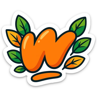 chunky, lively Wattpad 'w' logo, bold cartoon outline, playful shadows, glossy finish, accented with vivid leaves encircling the logo, no background, vibrant toon style sticker