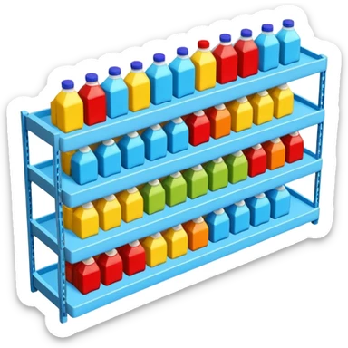 3D warehouse shelf with drinks bottles and products, 
organized retail shelves, colorful product packages, store inventory, 
transparent background, emoji style, realistic, isometric view sticker