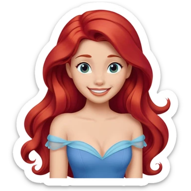 Disney human Ariel with long red hair wearing a blue dress, smiling sticker