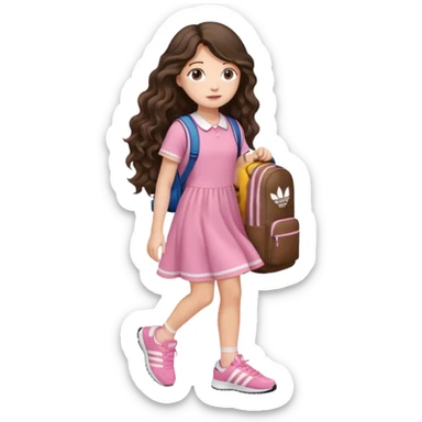 aestethic brunette very,very,very long wavy hair walking with a school backpack, with a cute pink dress, adidas shoes sticker