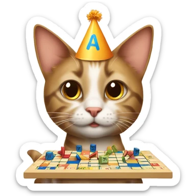 cat wearing a birthday hat playing scrabble sticker