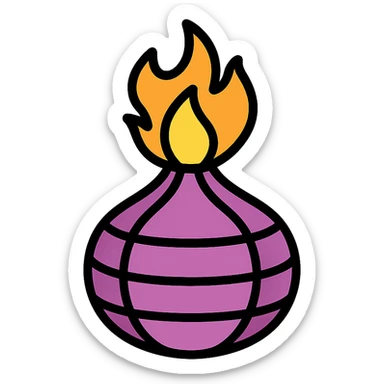 sliced onion stacked to look like a volcano with fire erupting from the top sticker