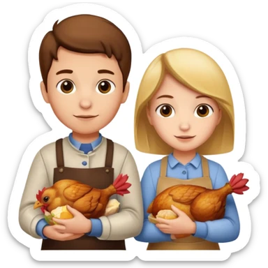 Boy and girl carrying a chicken meat sticker