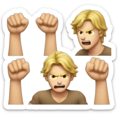 light haired angry young man in dark t-shirt with both fists clenched over his head sticker