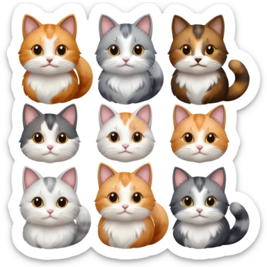 6 realistic looking cats with different natural coloured coats, assorted grey and white, greys, calico, brown and white colours etc
 sticker