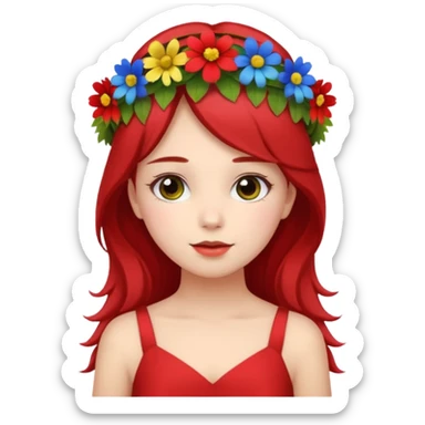 girl with flower crown in red dress and yellow ,blue,green colored flowers sticker