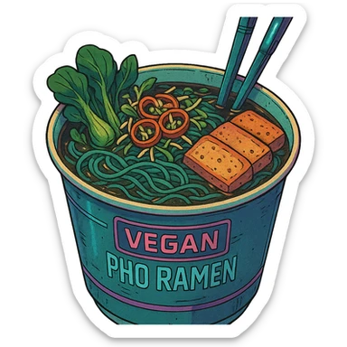 cyberpunk futuristic, scifi, a bowl of delicious VEGAN pho, ramen, 1990s, paper cup sticker