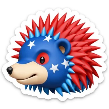Red and blue Porcupine facing right. Bottom layer red: covers feet, round face, 2 spikes. blue upper layer 6 spikes, 3 white 5 pointed stars in the middle of the blue. sticker